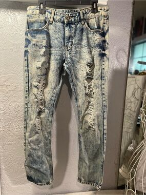 Slim Straight Distressed Light Blue Acid-Wash Men's Jeans